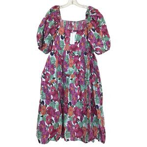 Baltic Born Purple Floral Midi Dress with Green Leaves and Orange Accents